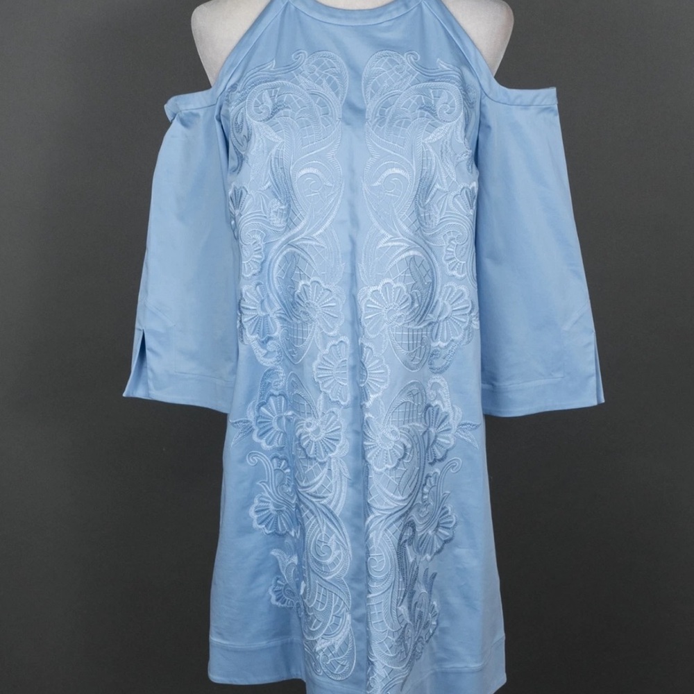 Ted Baker Blue Embroidered Shift Dress Cotton Blend Cold Shoulder Size 1